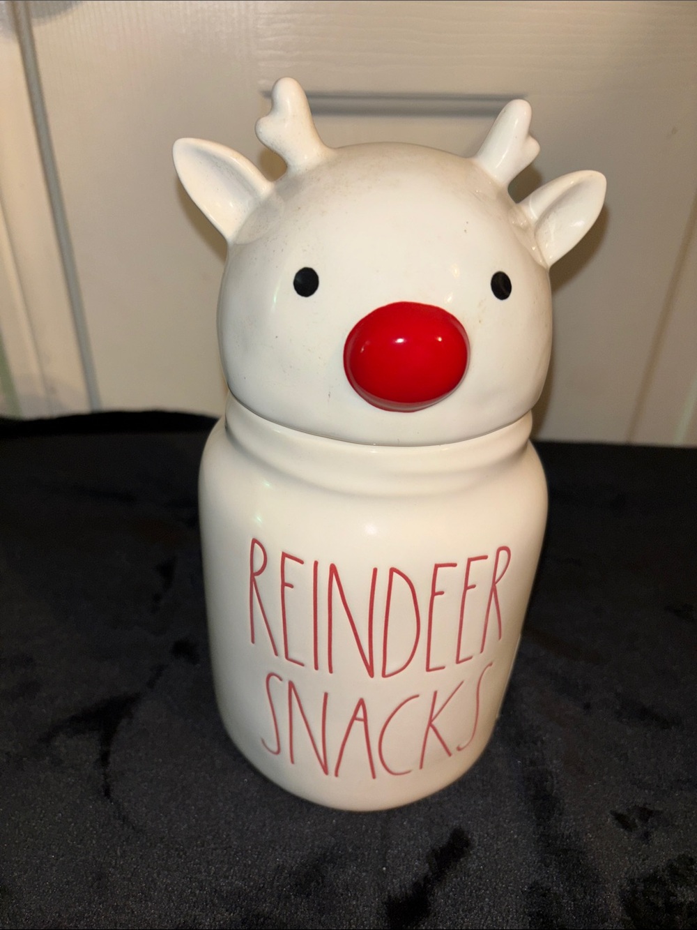 Rae Dunn White Reindeer Snacks Jar with Red Nose